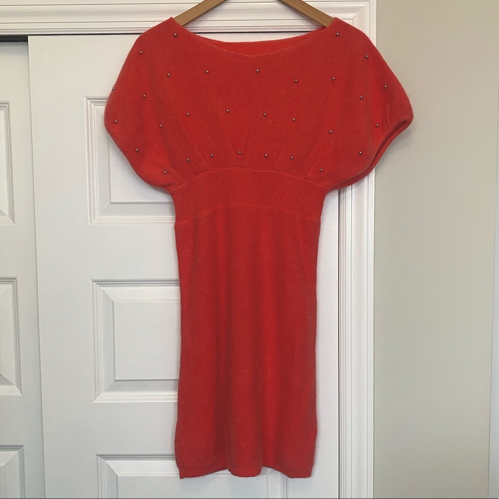Coral faux angora sweater dress with silver beading, size S